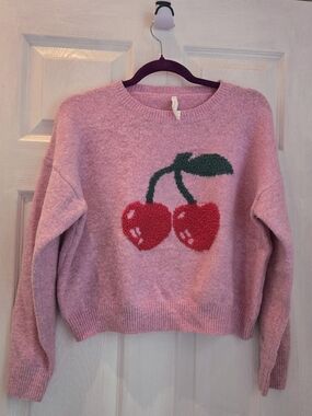 Dreamers by Debut Pink Soft Knit Cherry Motif Cropped Boxy Sweater